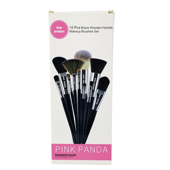 Makeup Brushes Set 10 pc Pink Panda Wooden Handle Cosmetic Brushes - Picture 1 of 4